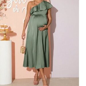 Maternity Solid Satin One Shoulder Ruffle Detail High Waisted Midi Dress